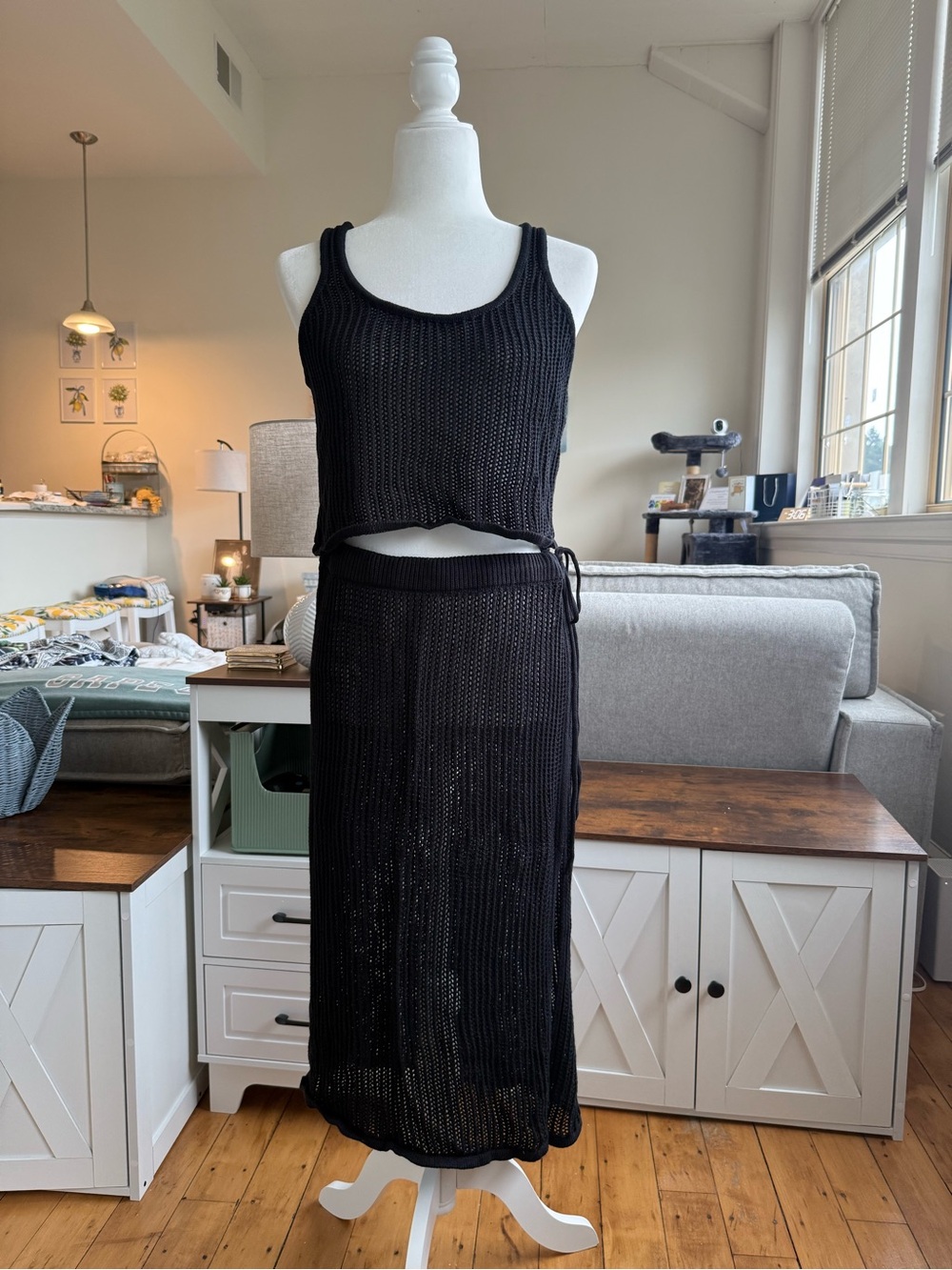 Black Knit Tank and Midi Skirt Set - Women's Two-Piece Bathing Suit Cover Up